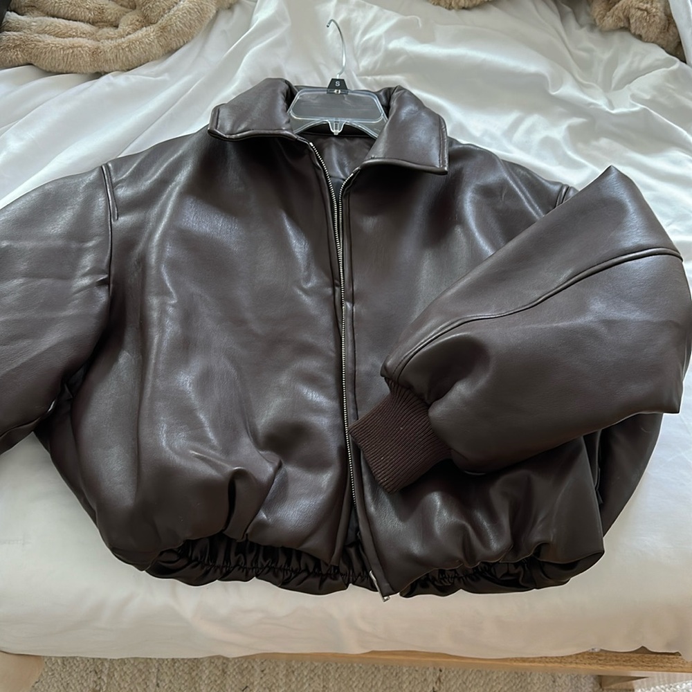 Brown faux leather bomber jacket